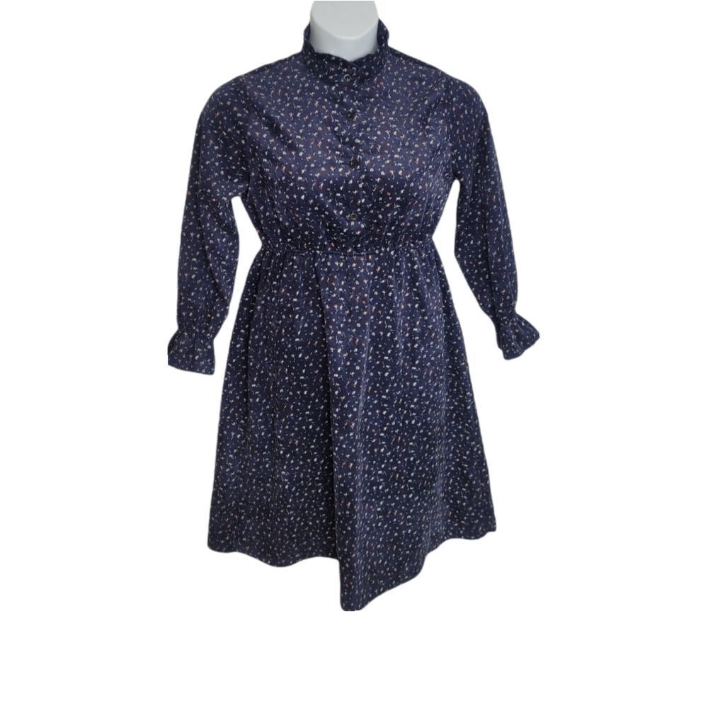 VINTAGE 70s dress navy blue corduroy‎ tiny floral long sleeve S